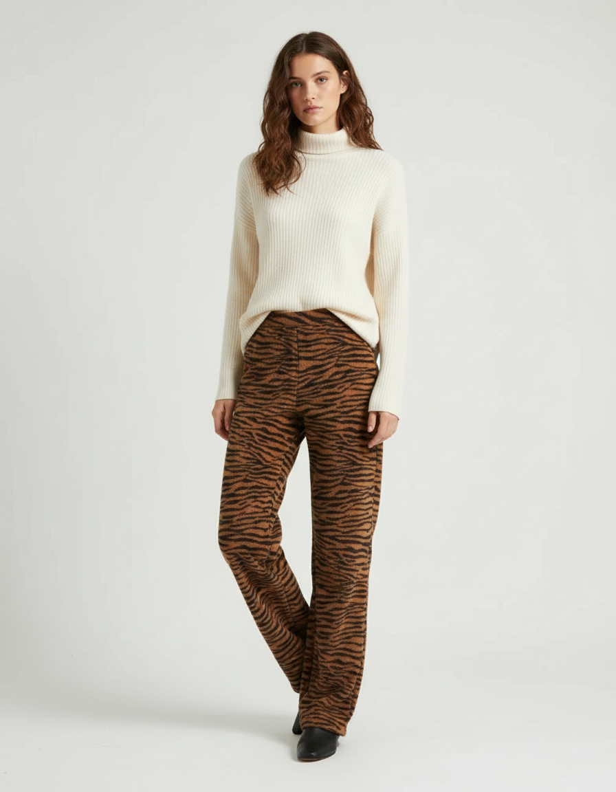 Pantalon Marron Tigré Taille Haute Ample Évasé - Molleton