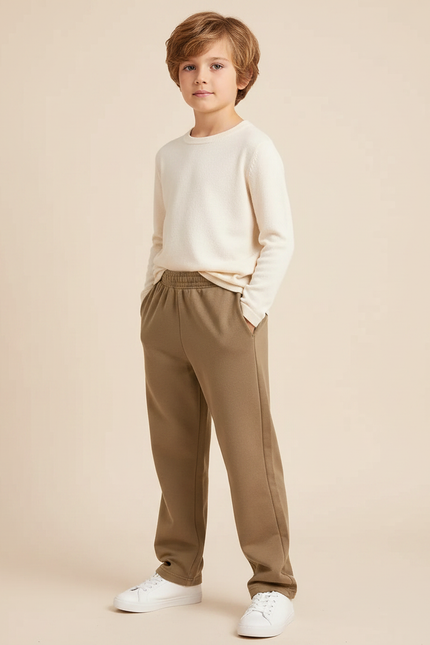 Pantalon Marron Ample Molletonné Élastique Confortable Enfant - Kaki