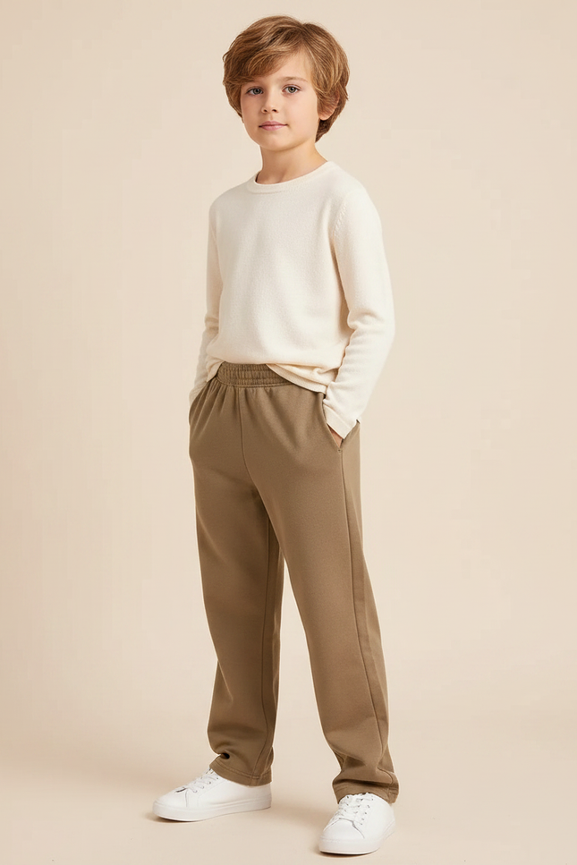 Pantalon Marron Ample Molletonné Élastique Confortable Enfant - Kaki