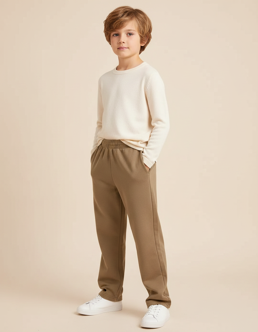 Pantalon Marron Ample Molletonné Élastique Confortable Enfant - Kaki