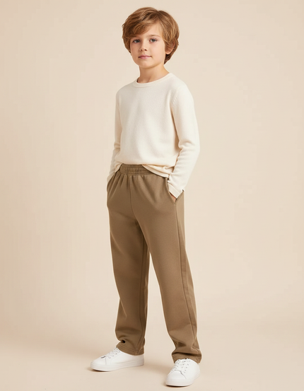 Pantalon Marron Ample Molletonné Élastique Confortable Enfant - Kaki