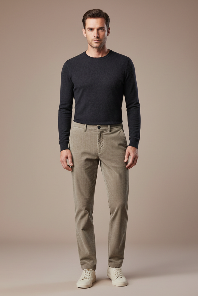 Pantalon Marron Côtelé Slim Fit Homme Décontracté - Kaki Cordé
