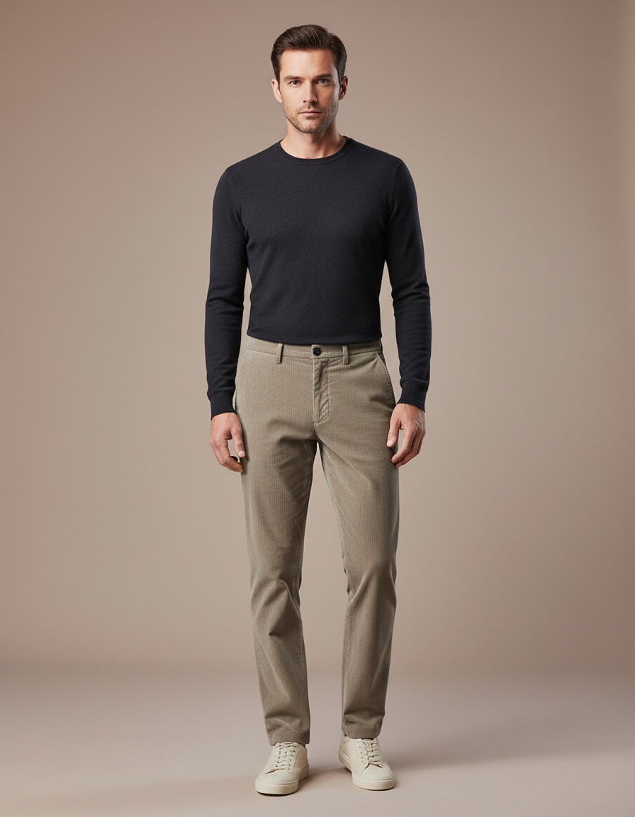 Pantalon Marron Côtelé Slim Fit Homme Décontracté - Kaki Cordé