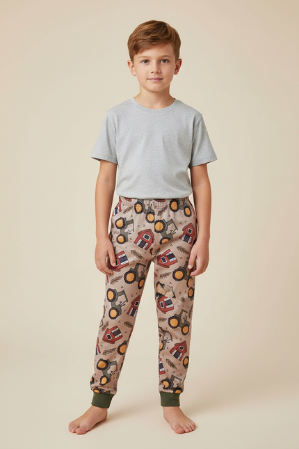 Pantalon Marron Imprimé Tracteur Ferme Garçon Confortable - Molleton