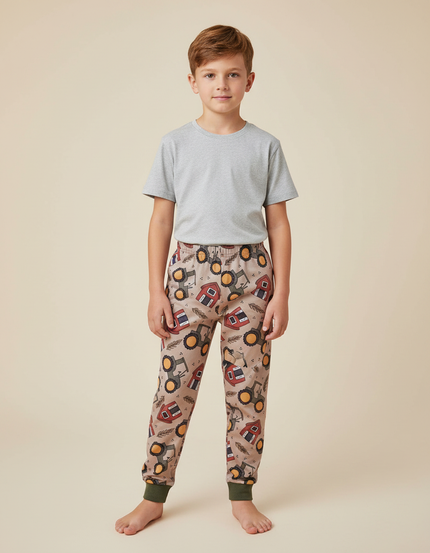 Pantalon Marron Imprimé Tracteur Ferme Garçon Confortable - Molleton