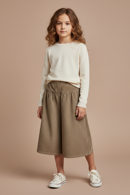 Pantalon Marron Velours Côtelé Ample Enfant Élastique - Kaki Cordé