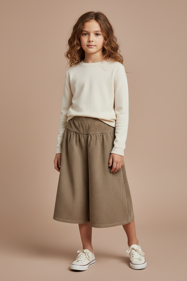 Pantalon Marron Velours Côtelé Ample Enfant Élastique - Kaki Cordé