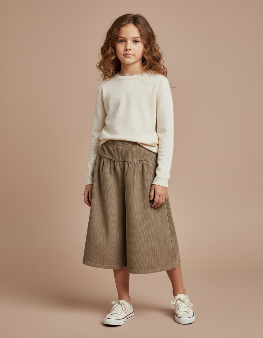 Pantalon Marron Velours Côtelé Ample Enfant Élastique - Kaki Cordé