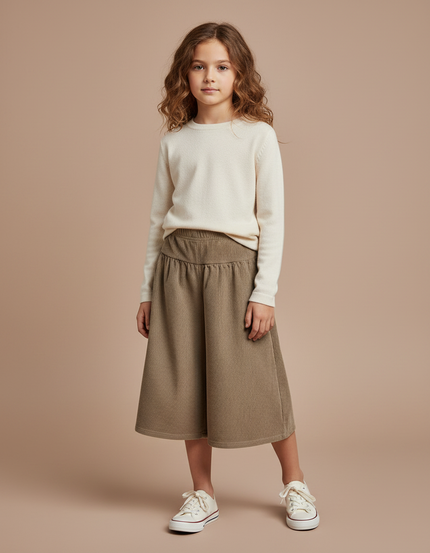 Pantalon Marron Velours Côtelé Ample Enfant Élastique - Kaki Cordé