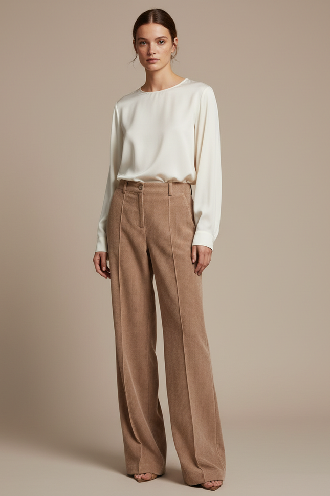 Pantalon Marron Côtelé Large Droit Taille Haute - Camel Cordé