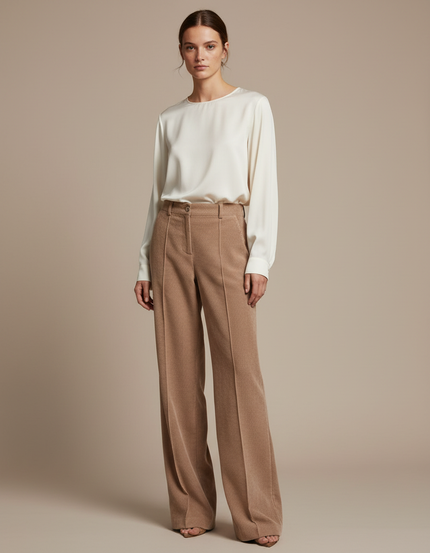 Pantalon Marron Côtelé Large Droit Taille Haute - Camel Cordé