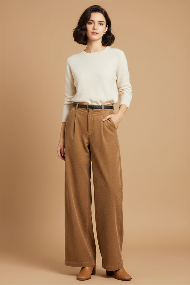 Pantalon Marron Côtelé Droit Ample Taille Haute Femme - Cordé