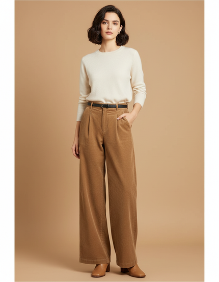 Pantalon Marron Côtelé Droit Ample Taille Haute Femme - Cordé