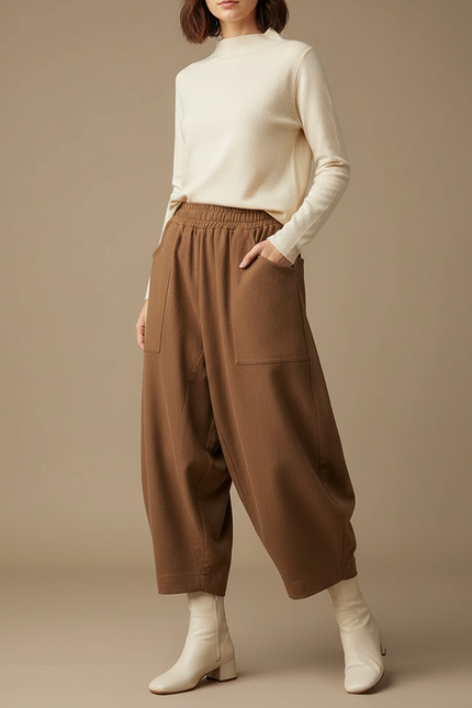 Pantalon Marron Harem Ample Taille Haute Confortable - Laine