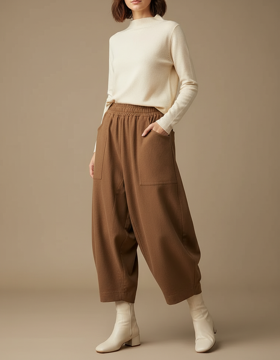 Pantalon Marron Harem Ample Taille Haute Confortable - Laine