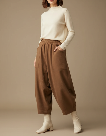 Pantalon Marron Harem Ample Taille Haute Confortable - Laine