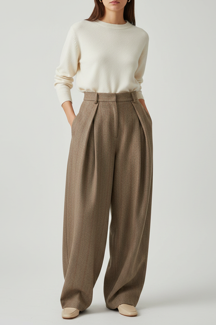 Pantalon Marron Plissé Ample Taille Haute Laine