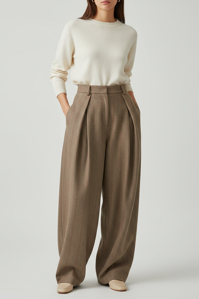 Pantalon Marron Plissé Ample Taille Haute Laine