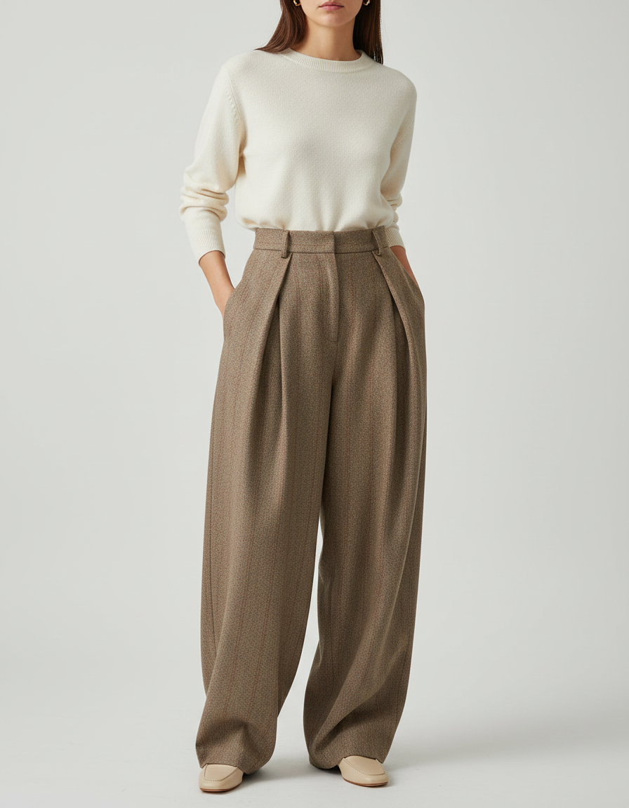 Pantalon Marron Plissé Ample Taille Haute Laine