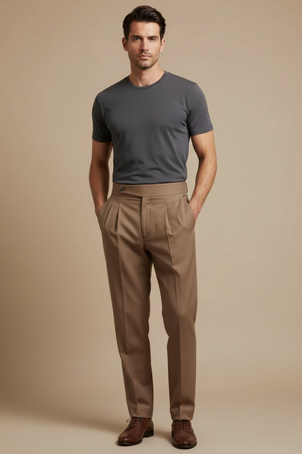 Pantalon Marron Homme Plissé Taille Haute Élégant Slim Fit - Gabardine