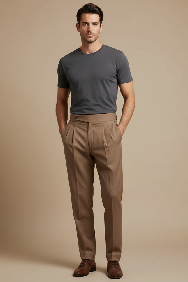 Pantalon Marron Homme Plissé Taille Haute Élégant Slim Fit - Gabardine