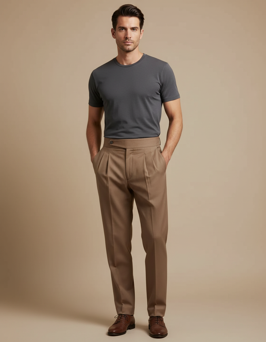Pantalon Marron Homme Plissé Taille Haute Élégant Slim Fit - Gabardine