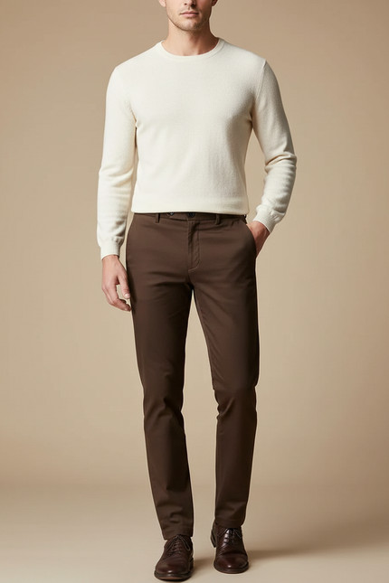 Pantalon Marron Homme Coton Stretch Droit Classique