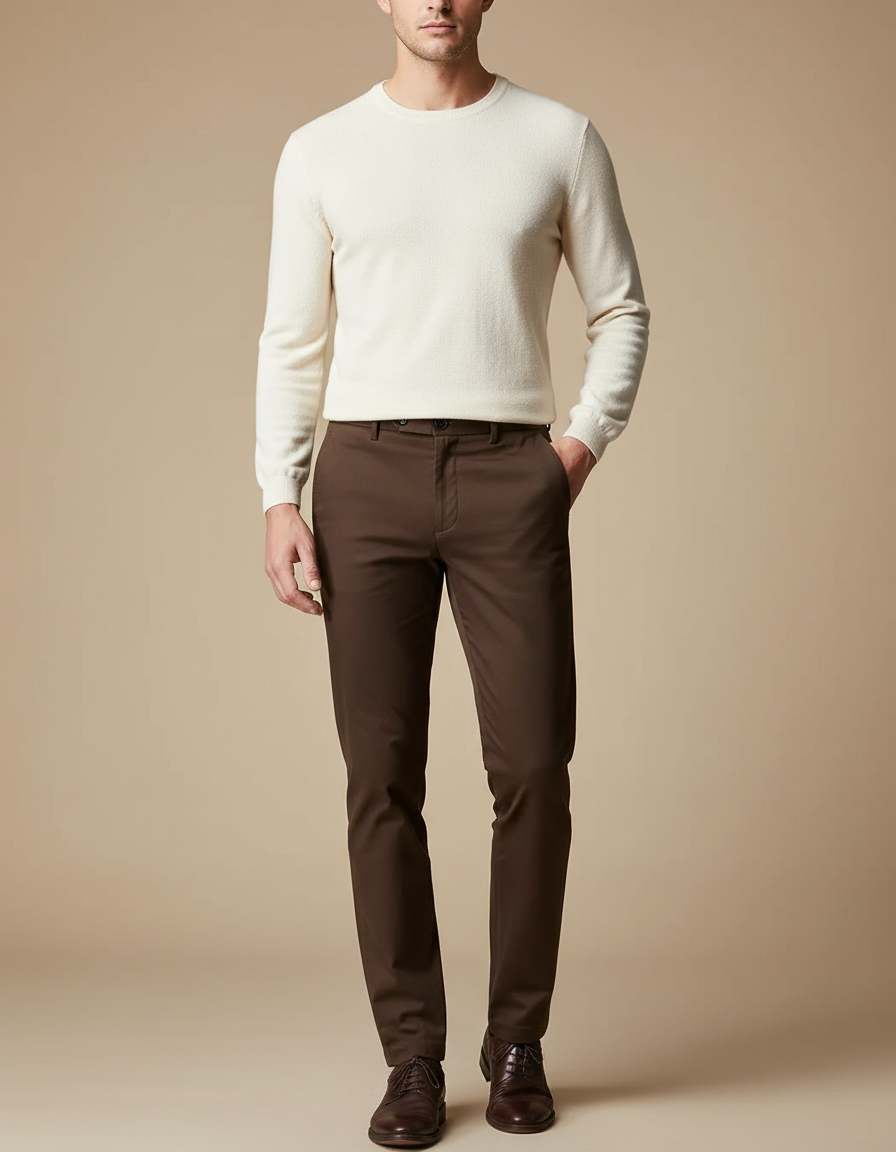 Pantalon Marron Homme Coton Stretch Droit Classique