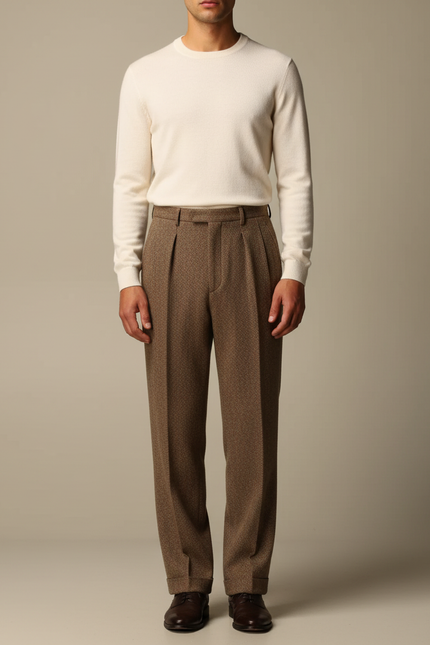 Pantalon Marron Laine Droit Plissé Homme Élégant - Tweed