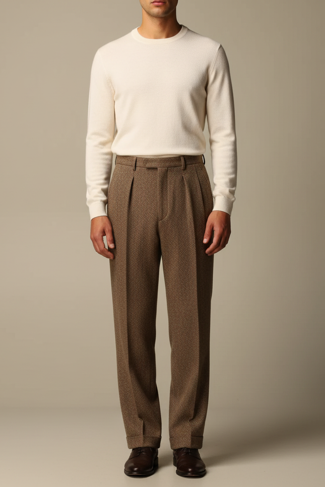 Pantalon Marron Laine Droit Plissé Homme Élégant - Tweed