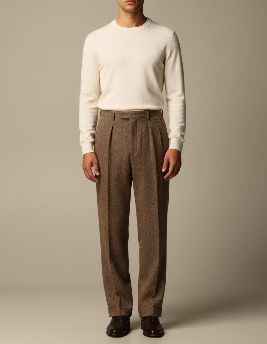 Pantalon Marron Laine Droit Plissé Homme Élégant - Tweed