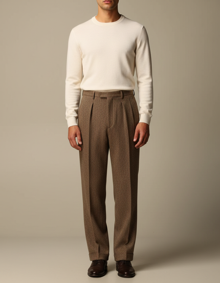 Pantalon Marron Laine Droit Plissé Homme Élégant - Tweed
