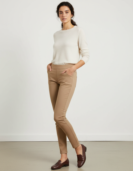Pantalon Marron Slim Élastique Taille Haute Femme - Camel Gabardine