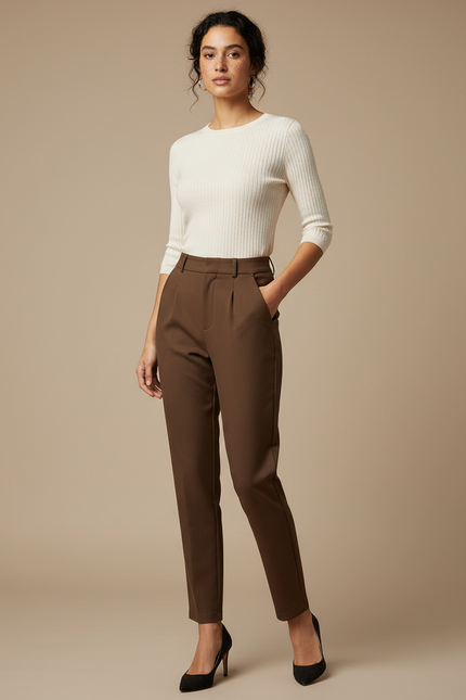 Pantalon Marron Taille Haute Élégant Décontracté Femme - Gabardine