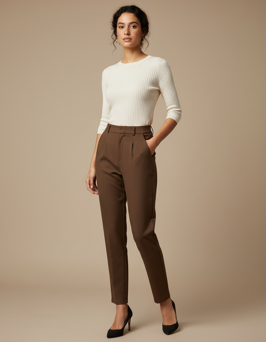 Pantalon Marron Taille Haute Élégant Décontracté Femme - Gabardine