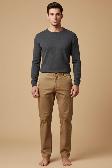 Pantalon Marron Chino Coupe Droite Coton Homme Décontracté - Camel