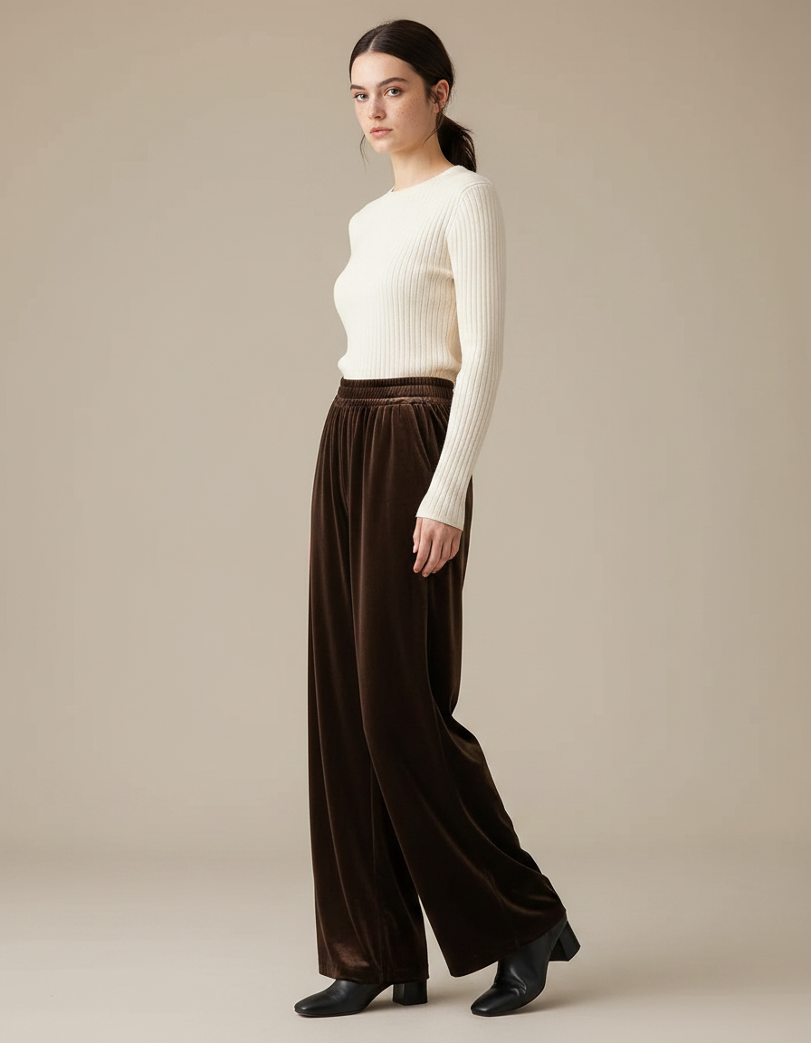Pantalon Marron Velours Ample Confortable Femme