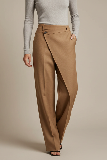 Pantalon Marron Asymétrique Taille Haute Large Fluide Élégant - Camel Laine