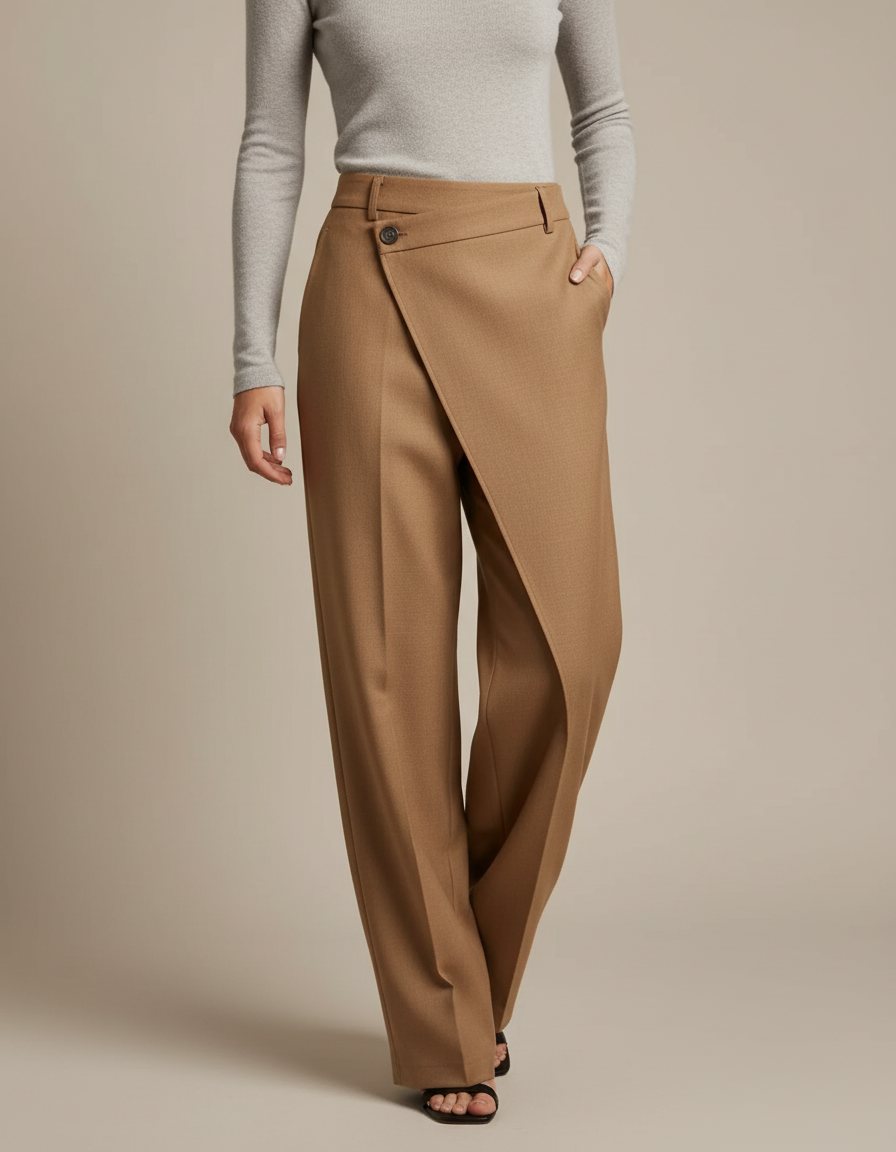 Pantalon Marron Asymétrique Taille Haute Large Fluide Élégant - Camel Laine