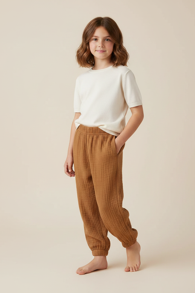 Pantalon Marron Coton Gaufré Ample Décontracté Enfant