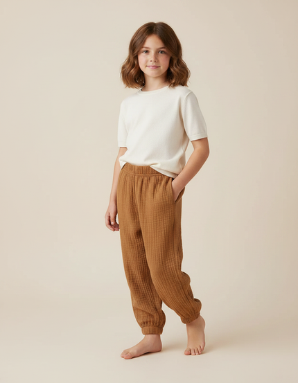 Pantalon Marron Coton Gaufré Ample Décontracté Enfant