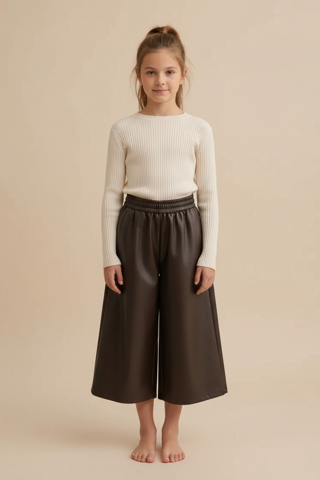 Pantalon Marron Similicuir Ample Élastiqué Fille - Simili cuir