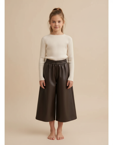 Pantalon Marron Similicuir Ample Élastiqué Fille - Simili cuir