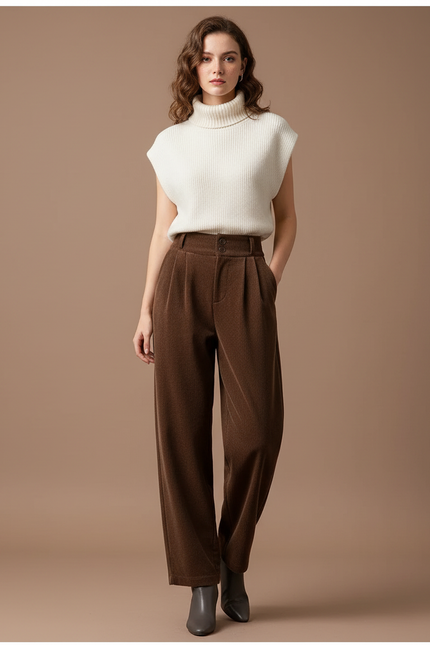 Pantalon Marron Côtelé Ample Plissé Décontracté Élégant Femme - Cordé