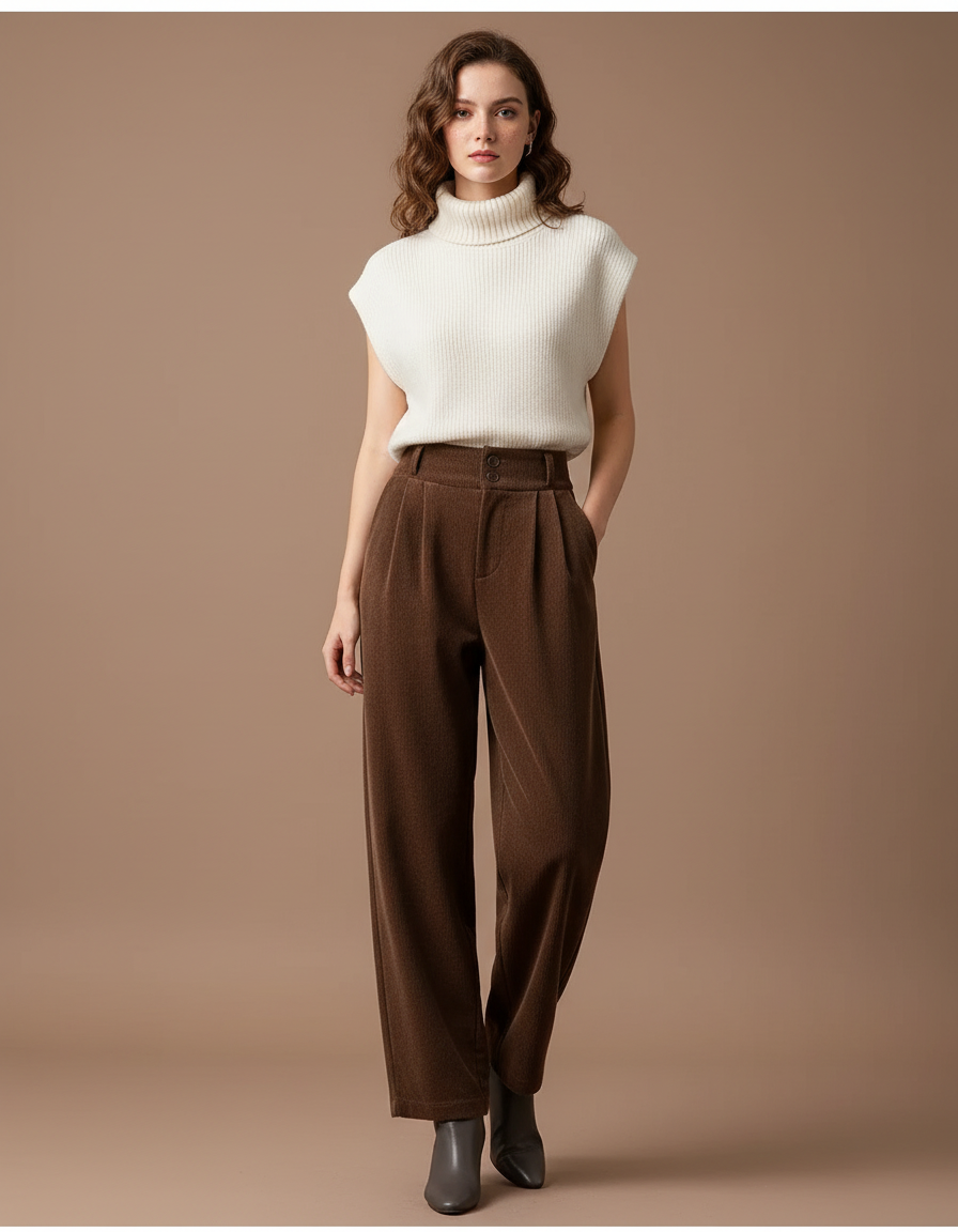 Pantalon Marron Côtelé Ample Plissé Décontracté Élégant Femme - Cordé