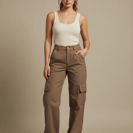 Pantalon Marron Cargo Ample Taille Haute Poches - Toile