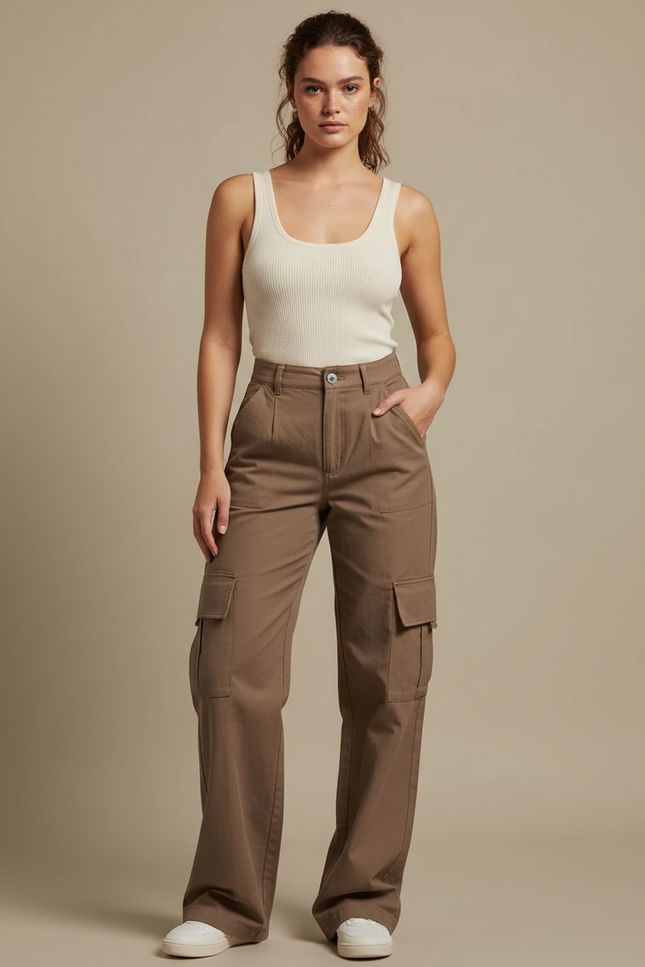 Pantalon Marron Cargo Ample Taille Haute Poches - Toile