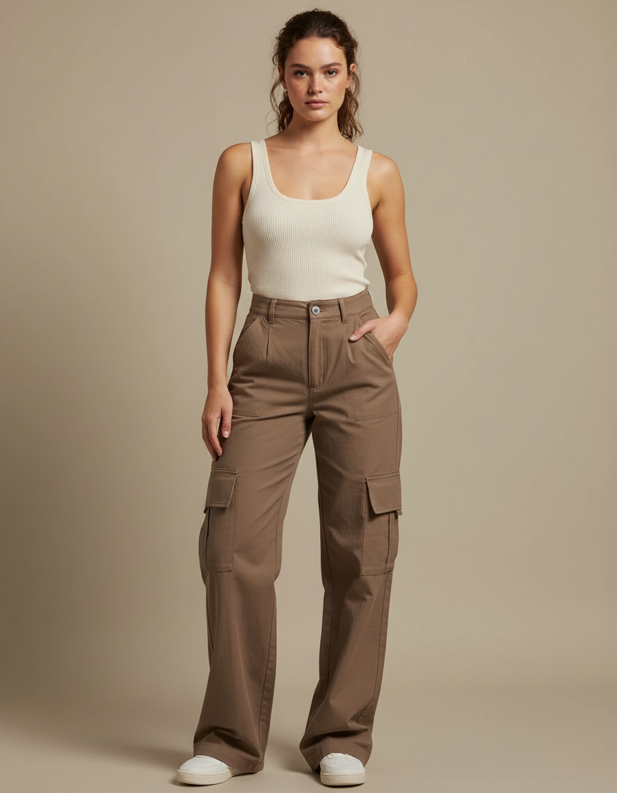 Pantalon Marron Cargo Ample Taille Haute Poches - Toile