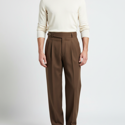 Pantalon Marron Plissé Droit Laine Homme Élégant