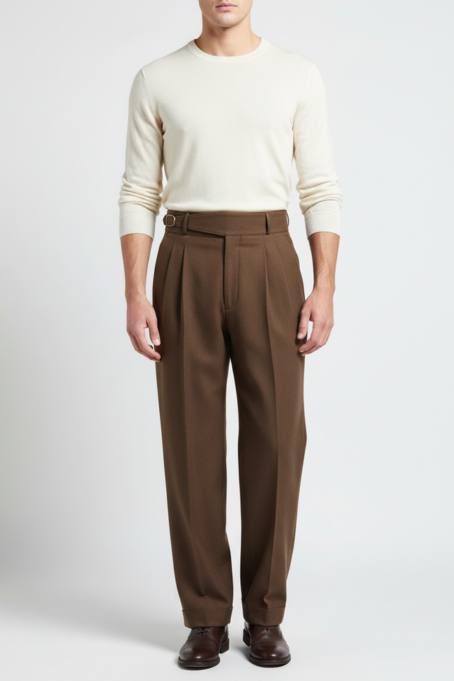Pantalon Marron Plissé Droit Laine Homme Élégant